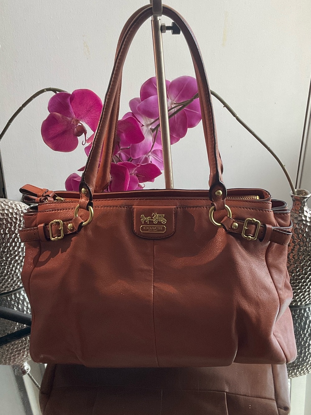 Vintage COACH Madison Kara Cognac Leather Shoulder Bag with Gold Hardware